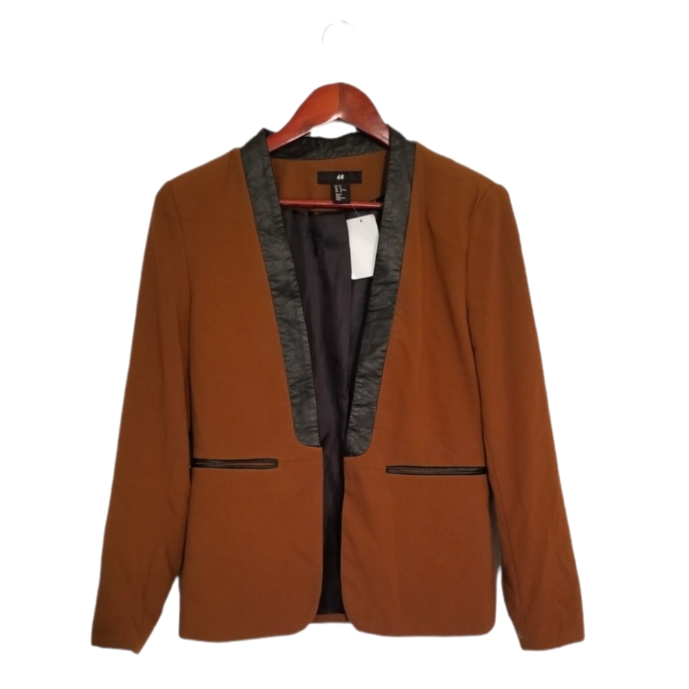 NWT H&M Women's Brown Blazer Jacket with Black Faux Leather Detailing